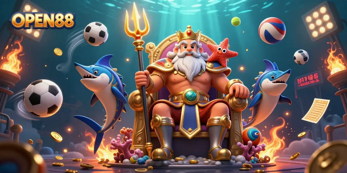 Engage with the thrilling world of OPEN88 featuring Neptune in a dynamic casino scene with sports elements.