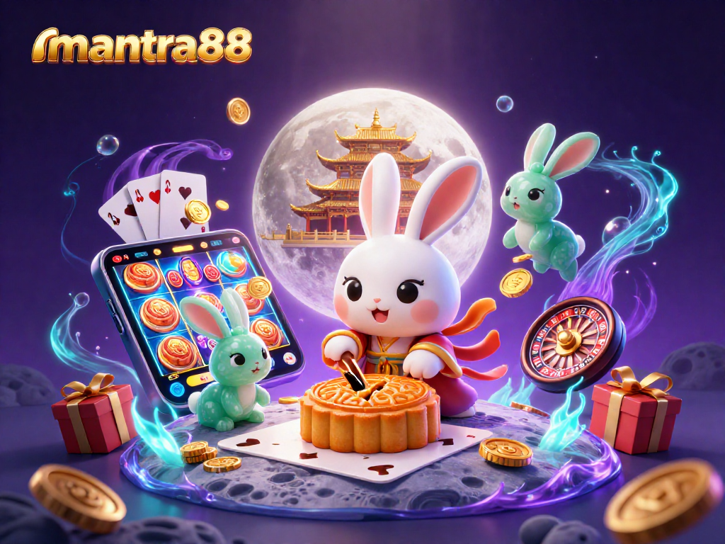 Join the excitement of mantra88 as the moon rabbit reveals poker chips amidst a vibrant casino atmosphere.