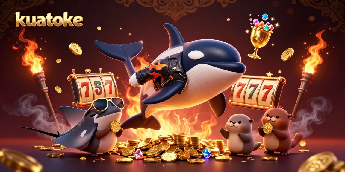 Kuatoke offers exciting casino action with orca and stingray characters playing alongside golden coins and slot reels.