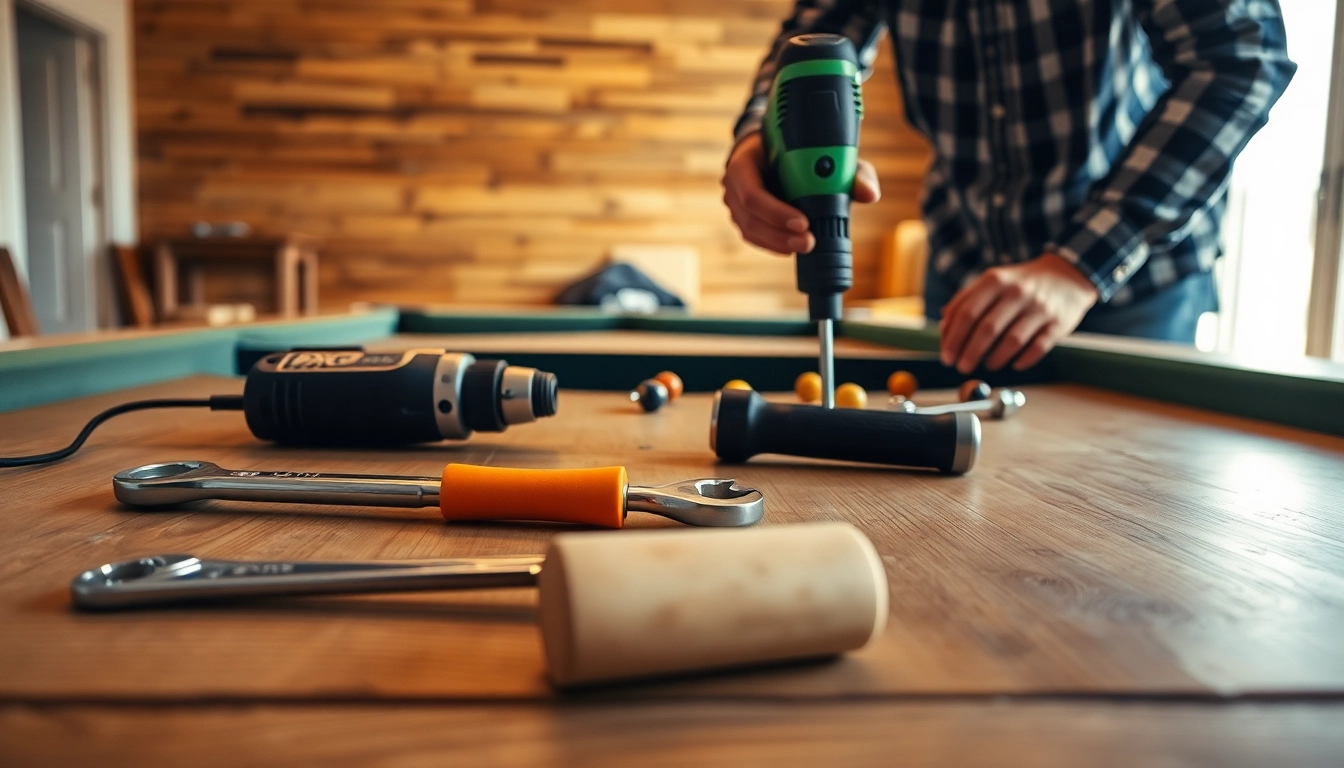 Expert performing Pool Table Disassembly with tools on a well-lit wooden surface.