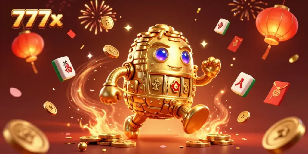 Experience the vibrant world of 777x casino games with a golden golem surrounded by festive symbols.