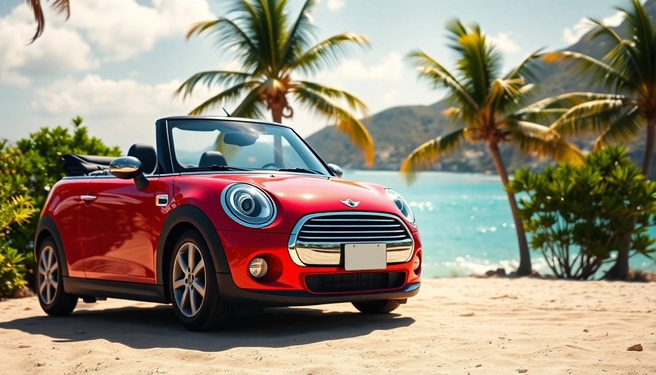 Experience the charm of St Barts mini cooper rental parked by the beautiful coastline.
