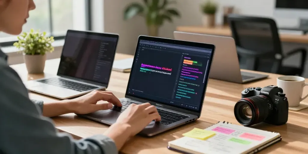 Content creator using an AI content generator online at a modern office desk.