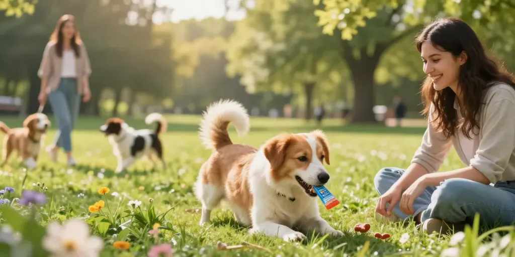 A dog enjoying Calming Dog Treats in a sunny park, surrounded by happy owners and playful pets.