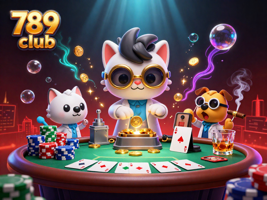Join the excitement at 789 club with our vibrant casino scene showcasing a mad scientist cat and dog assistant.