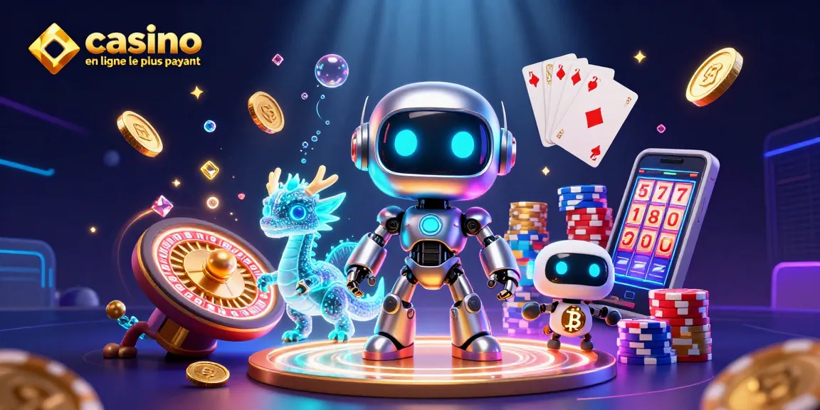 Visuel dynamique de casino en ligne le plus payant avec des personnages futuristes et des éléments de jeu.