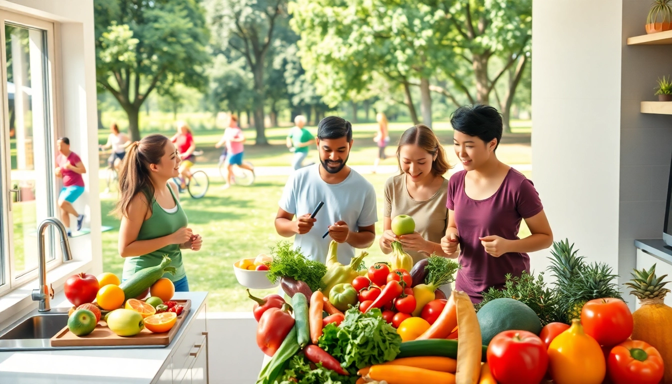 Engaging visual of heart health tips: family cooking and exercising for heart wellness.