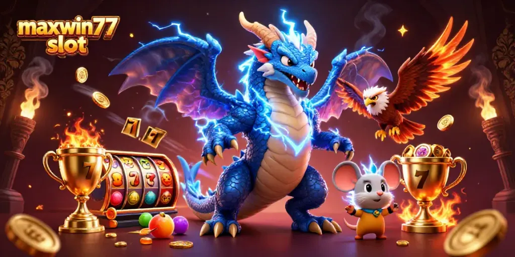 Engaging and vibrant illustration of maxwin77 slot featuring dynamic characters and slot elements.