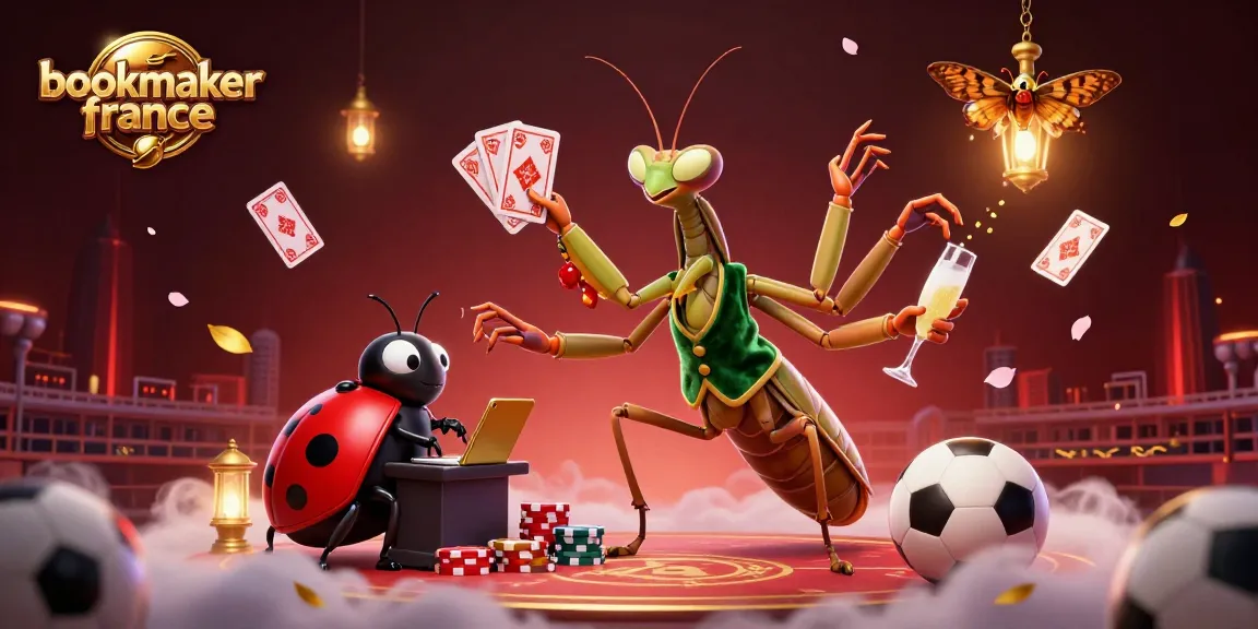 Paris sportif avec bookmaker france : un mante religieuse et un gérant animant l'ambiance.
