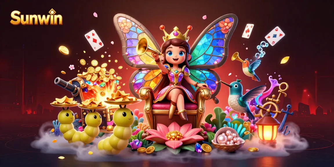 Win big with Sunwin in a vibrant casino-themed fantasy scene featuring a butterfly queen and treasure.