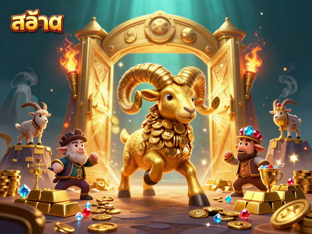 Engage in สล็อต excitement with a vibrant scene showcasing a golden ram amidst treasure vaults and gems.