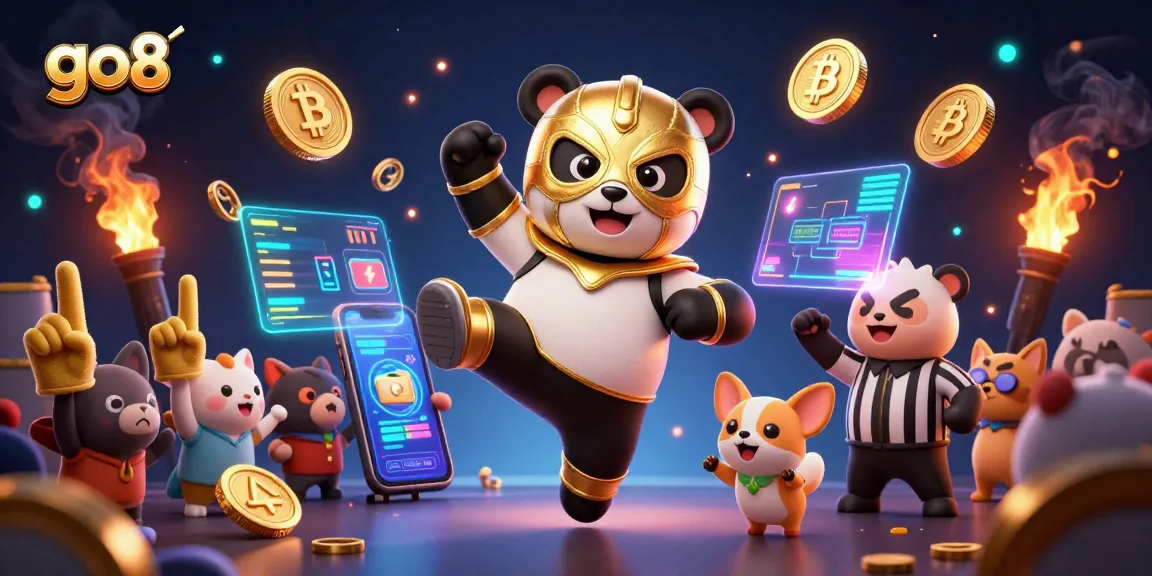Engage with go8's thrilling gaming experience featuring cartoon wrestlers and cryptocurrency elements.