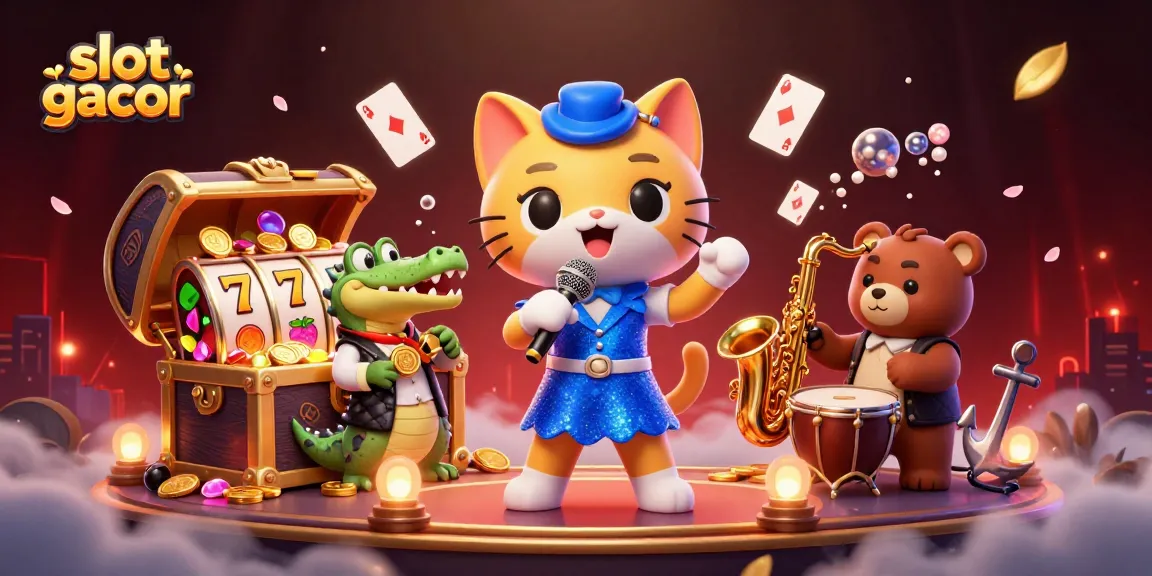 Engage in slot gacor with a lively scene of colorful casino characters and elements.