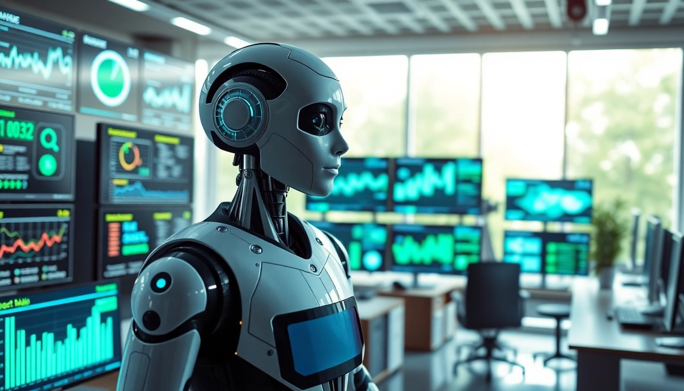 AI agents interacting with digital displays in a modern office setting.