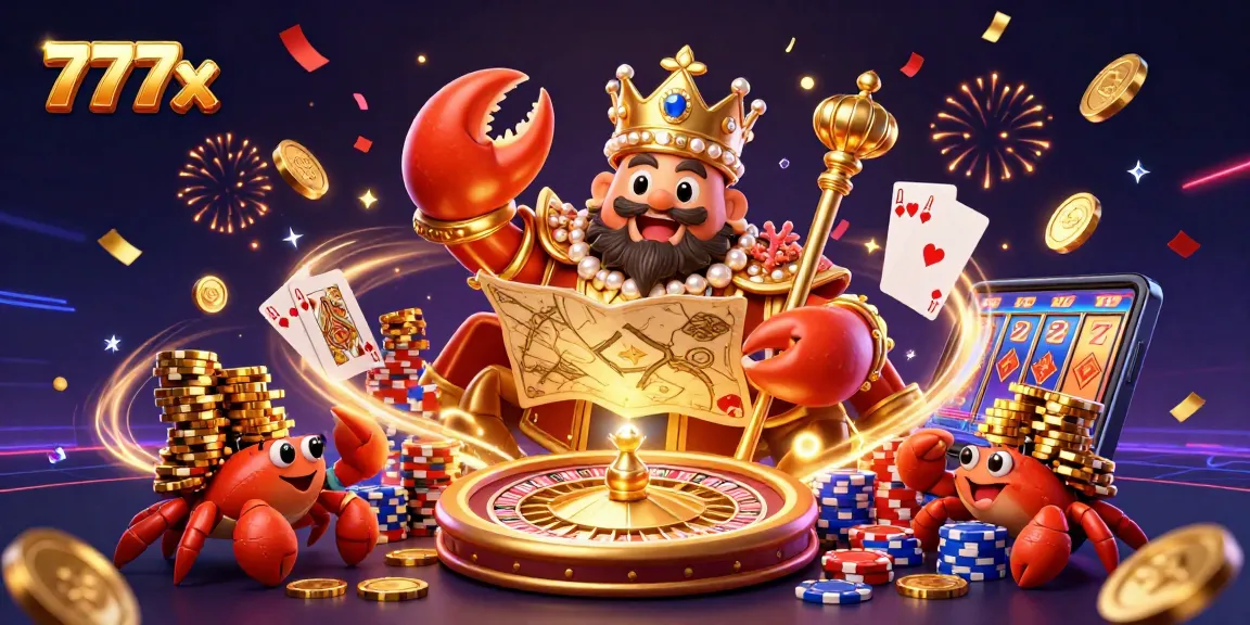 Win big at 777x with an exciting scene featuring a golden crab emperor and dazzling casino elements.