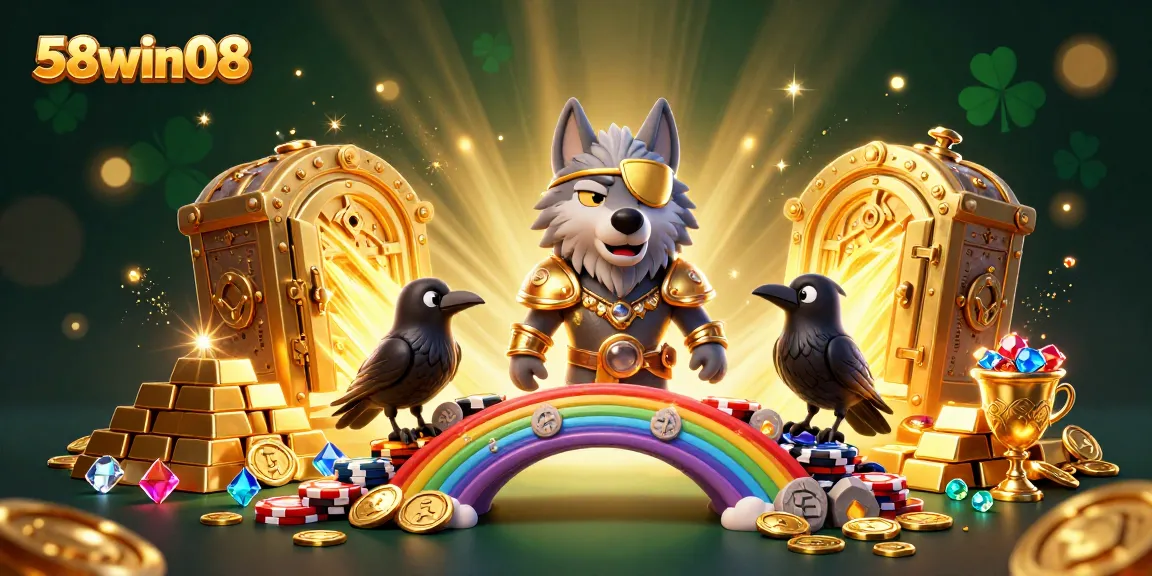 Experience thrilling gaming at 58win08 with vibrant casino elements featuring Odin and treasures.