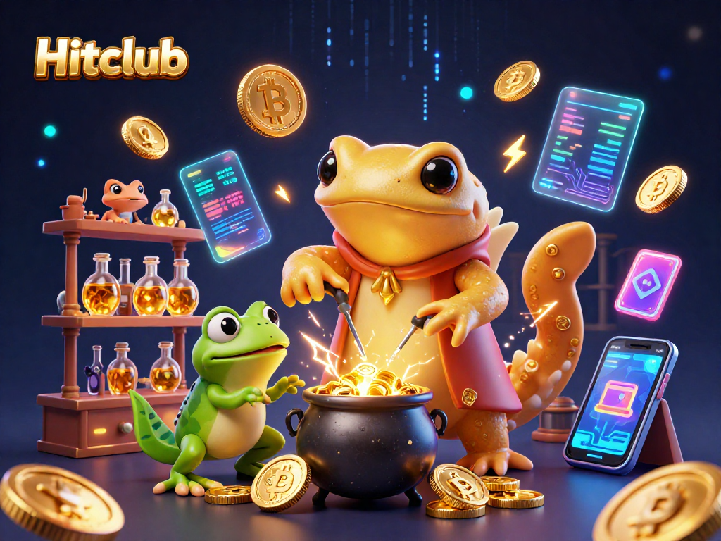Engage with Hitclub's vibrant 3D casino world showcasing a golden salamander alchemist and crypto elements.