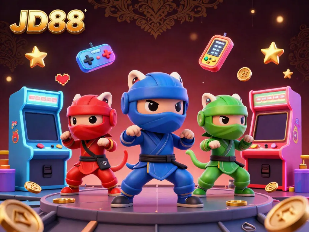 Engage with JD88's vibrant 3D scene featuring ninja chameleons amidst colorful casino arcade elements and dynamic action.