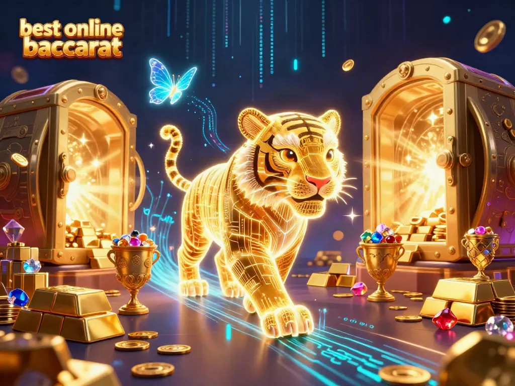 Experience the excitement of best online baccarat in a vibrant casino setting with a golden tiger and treasures.