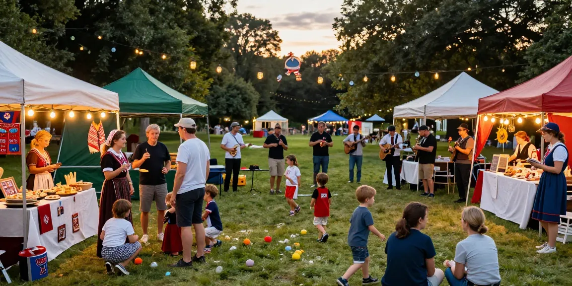 Engaging festival celebrating Breton culture with local artisans amidst vibrant summer evening, focusing on cultural diversity and community spirit in an outdoor setting featuring traditional activiti
