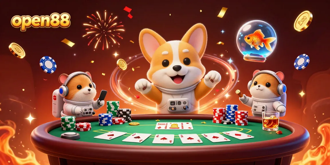 Experience the thrill of open88 casino with a floating astronaut corgi and vibrant gaming elements.