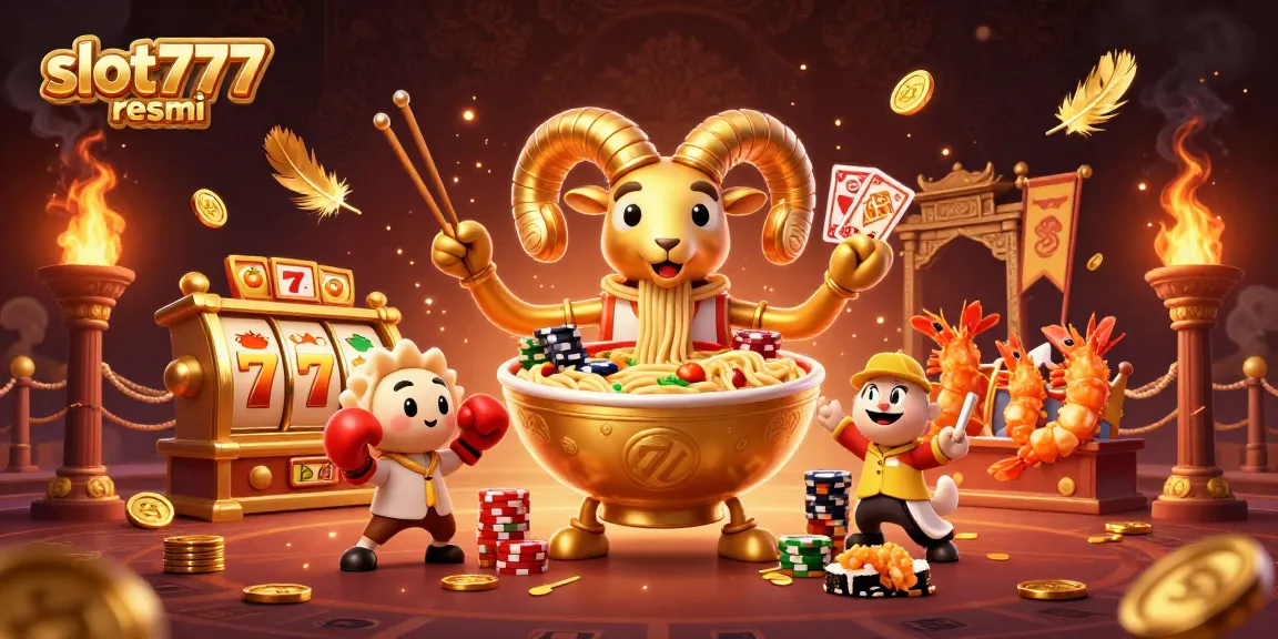 Play at slot777 resmi with an exciting scene of a giant ramen bowl dealer and game symbols.