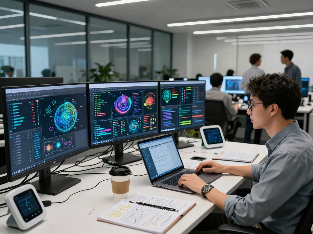 Advanced AI detection data analysis scene in a modern tech lab.