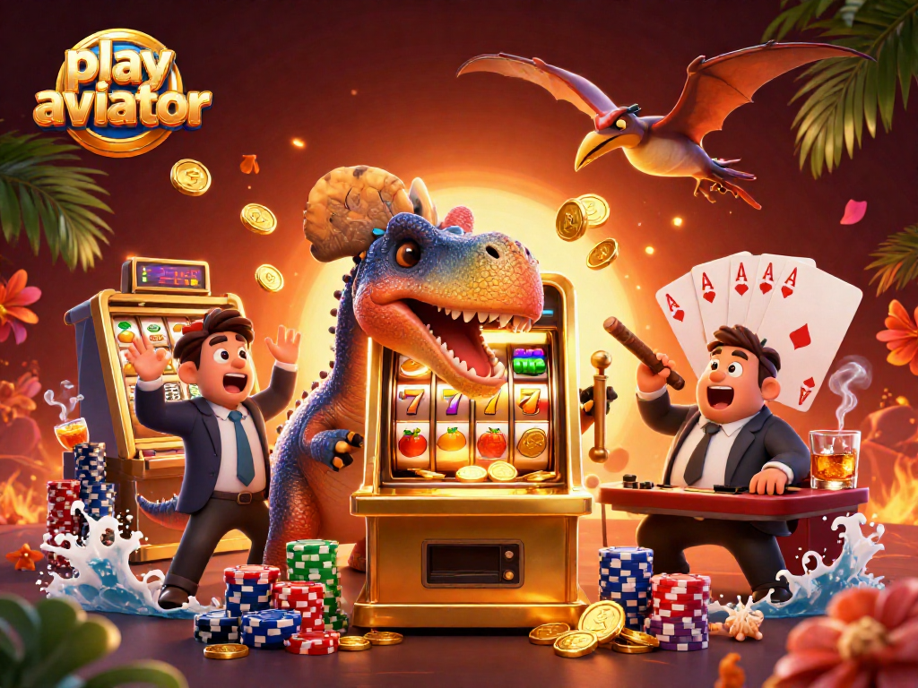Play Aviator as a pachycephalosaurus hits a jackpot slot in this vibrant casino scene.