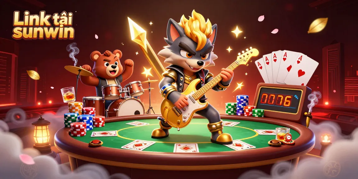 Link tải sunwin with a 3D cartoon rock star wolf and drummer bear on a lively casino stage.