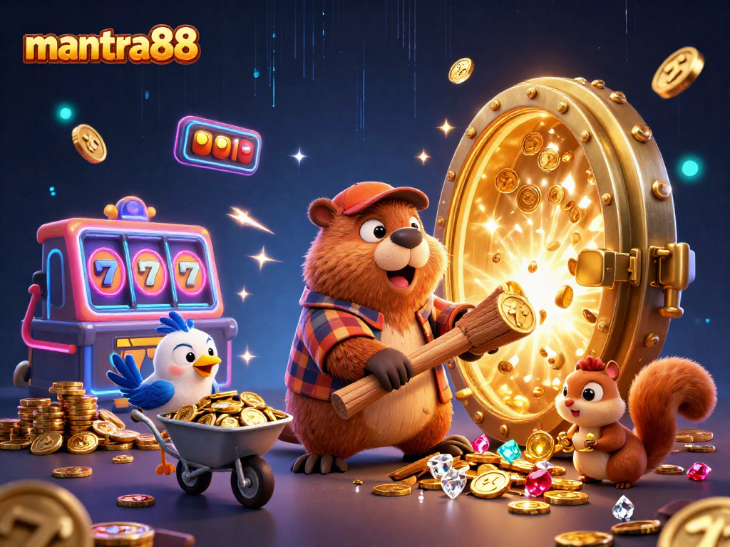 Engage with mantra88 as a charming beaver chops a coin-raining tree in this vivid 3D scene.