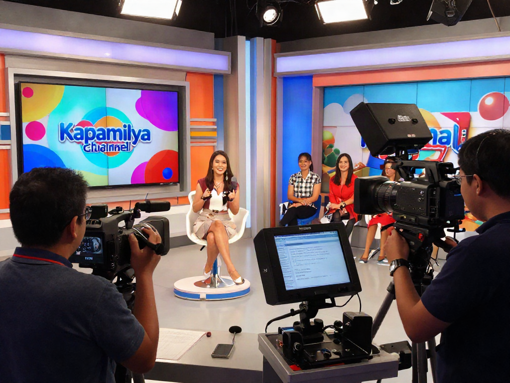 Live broadcast scene showcasing kapamilyachannel.com with host, crew, and vibrant set design.