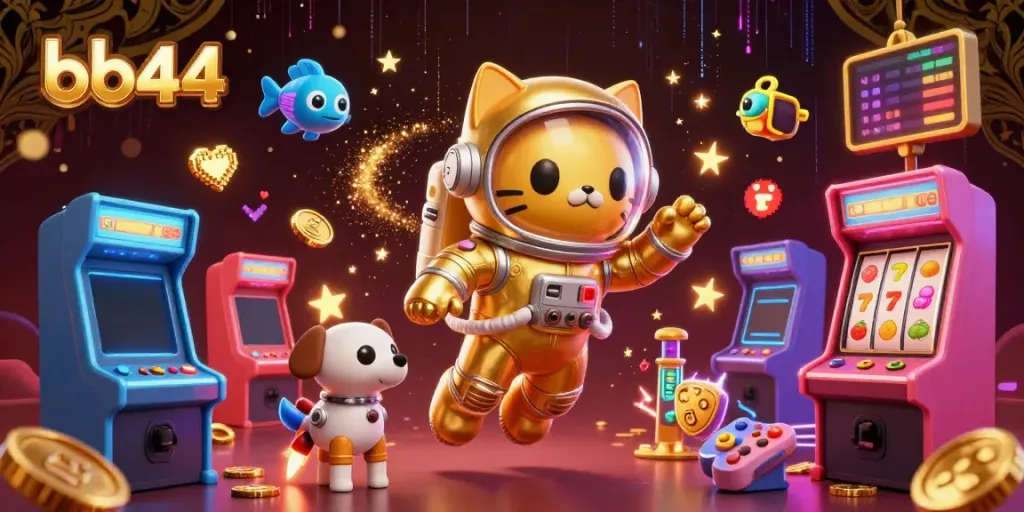 Experience the thrill of bb44 gaming with a vibrant 3D illustration featuring space-themed casino elements.